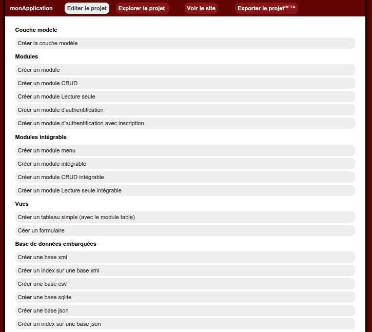Builder, menu de génération d'un projet