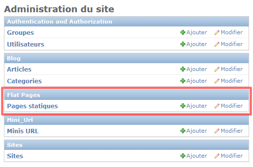 Le module « flatpages » dans l'administration de Django