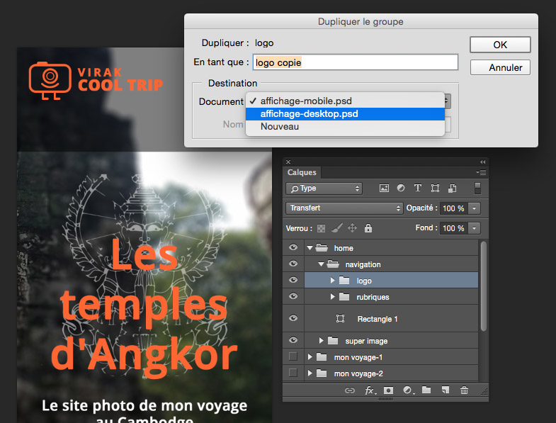 Vous pouvez copier un ensemble de calques dans un autre document avec la fonction