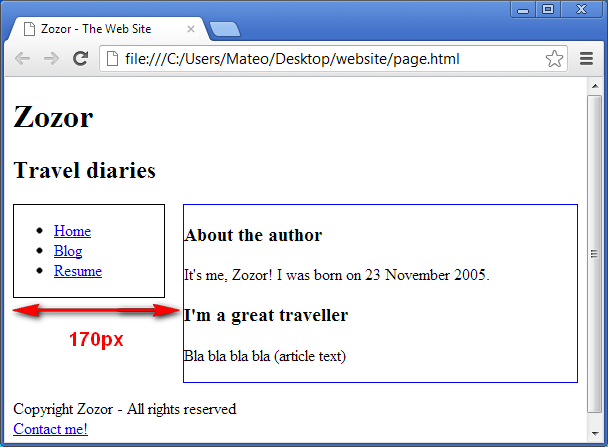 The page body is properly aligned to the right of the menu