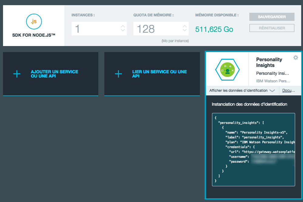 Le service Personality Insights affiche les identifiants de connexion