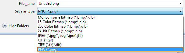 Image formats provided by Paint