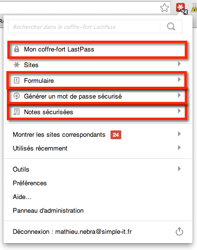 Menu principal de Lastpass