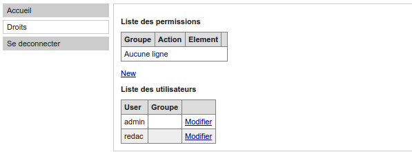 Votre application, menu gestion de droits