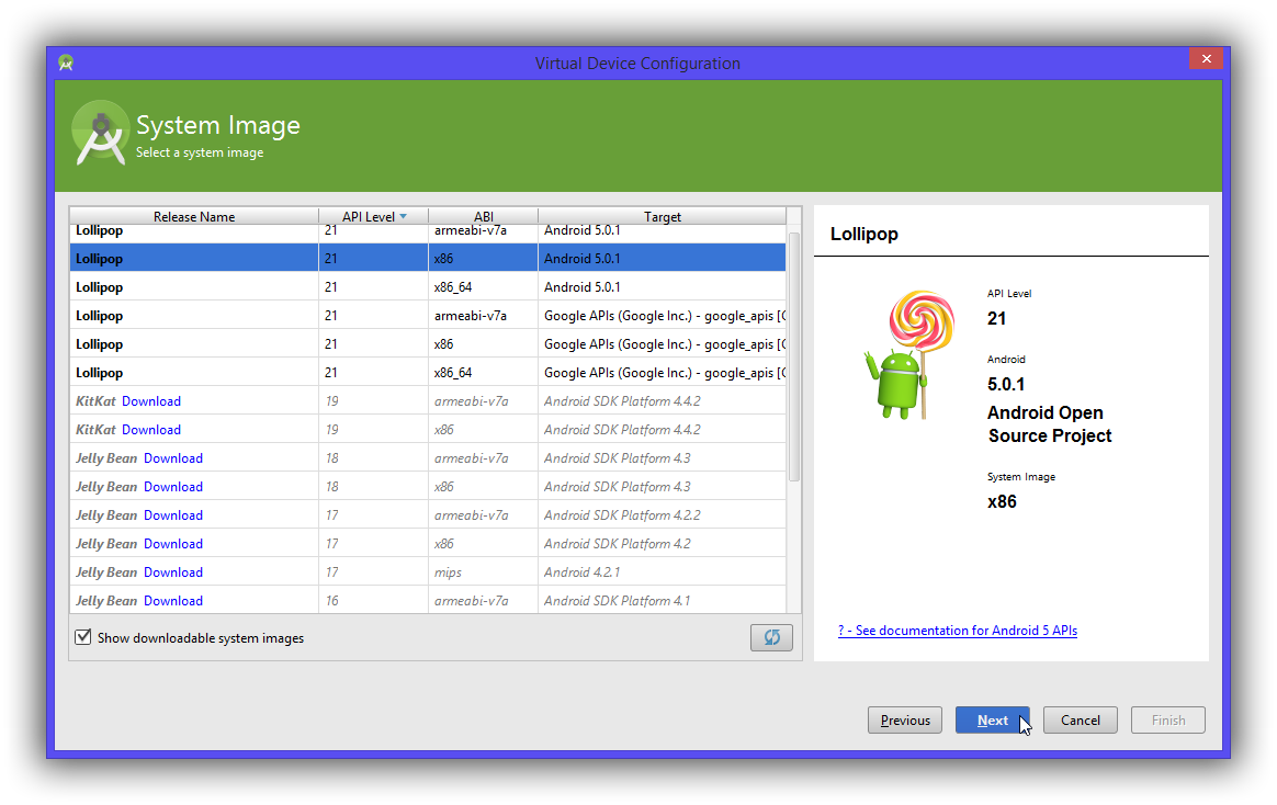 Nous pouvons sélectionner ici une version d'Android à installer sur notre AVD