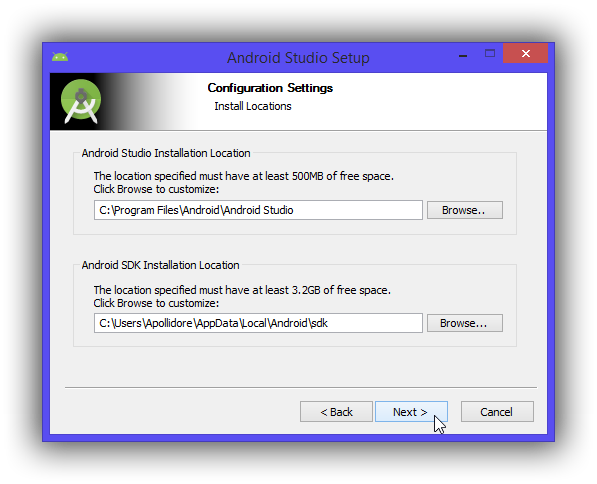 Indiquez où vous souhaitez que Android Studio et le SDK soient installés, puis cliquez sur